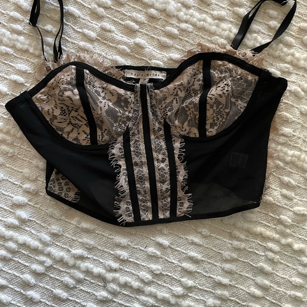 Haute Monde Black and Cream Lace Crop Top
